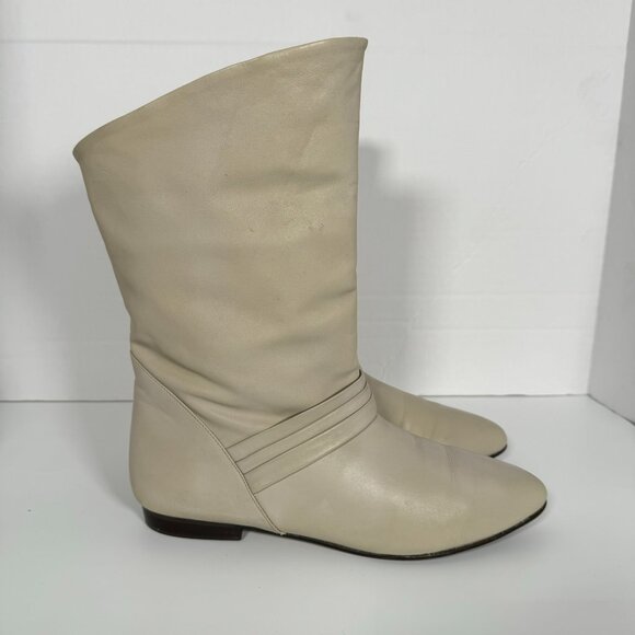 Vintage 80s Mister Shoes by Markon Mid-Calf Fold Over Leather Boots Sz 7 White - Picture 4 of 13